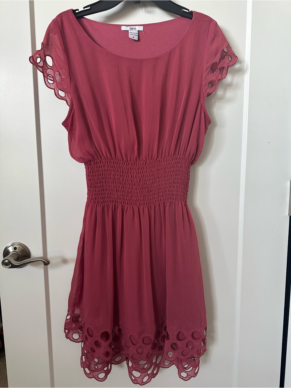 Bar III Dusty Rose Smocked-Waist Eyelet-Trim Dress